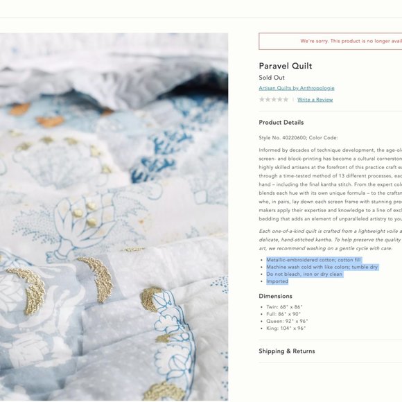 Anthropologie Blue and White Quilt - Picture 5 of 6